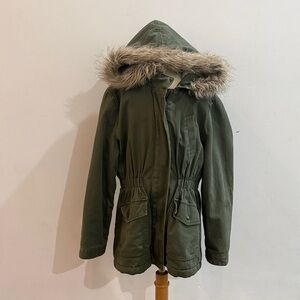 Girls Green Hooded Parka with Faux Fur Trim and Faux Sherpa lined